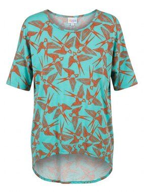 Lularoe Irma Top Medium M Blue Orange Bird Swallow Print High Low Tunic Boho